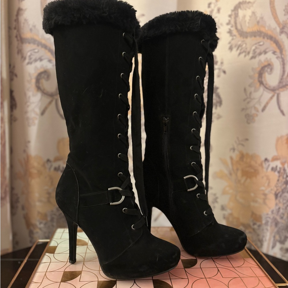 Size 8 |Sexy Black Lace Up Fur | Stilleto Boots